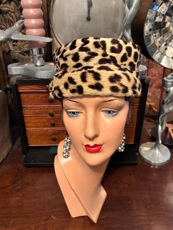 Vintage Deco Flapper Leopard Cheetah Spotted Animal Print Real Fur Pillbox Hat